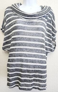 Papaya Gray White Silver Metallic Striped Cowl Neck Sweater Top Large Soft